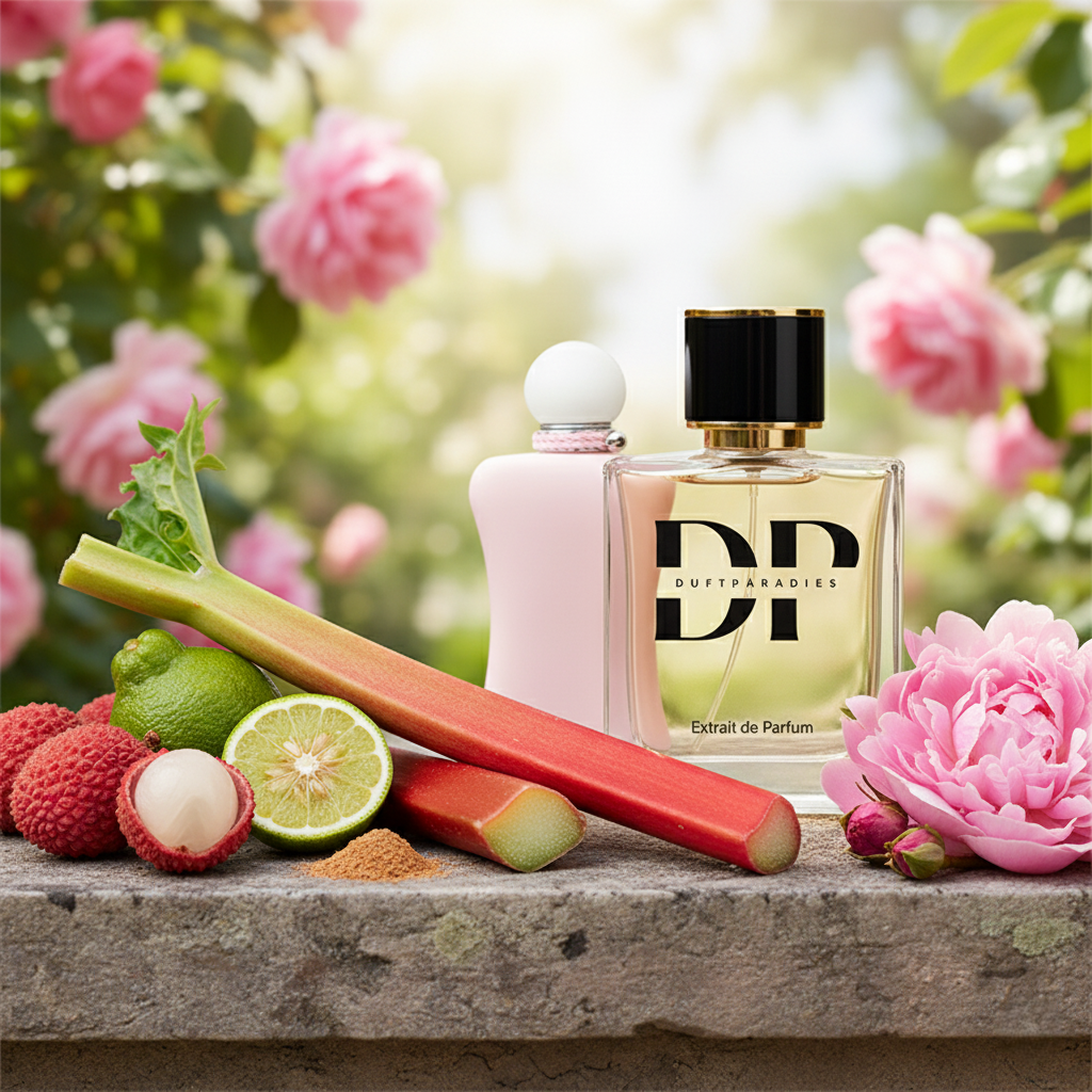 Duftparadies W130 Melina Duftspray mit floral-frischem Design und blumigem Muster, Nahaufnahme der Flasche und Verpackung