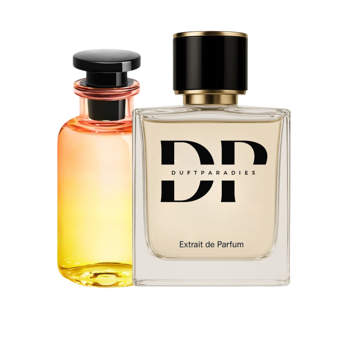Duftparadies M327 Costa Neroli Parfümflasche mit orangefarbener Flüssigkeit und eleganter Gestaltung, Nahaufnahme.