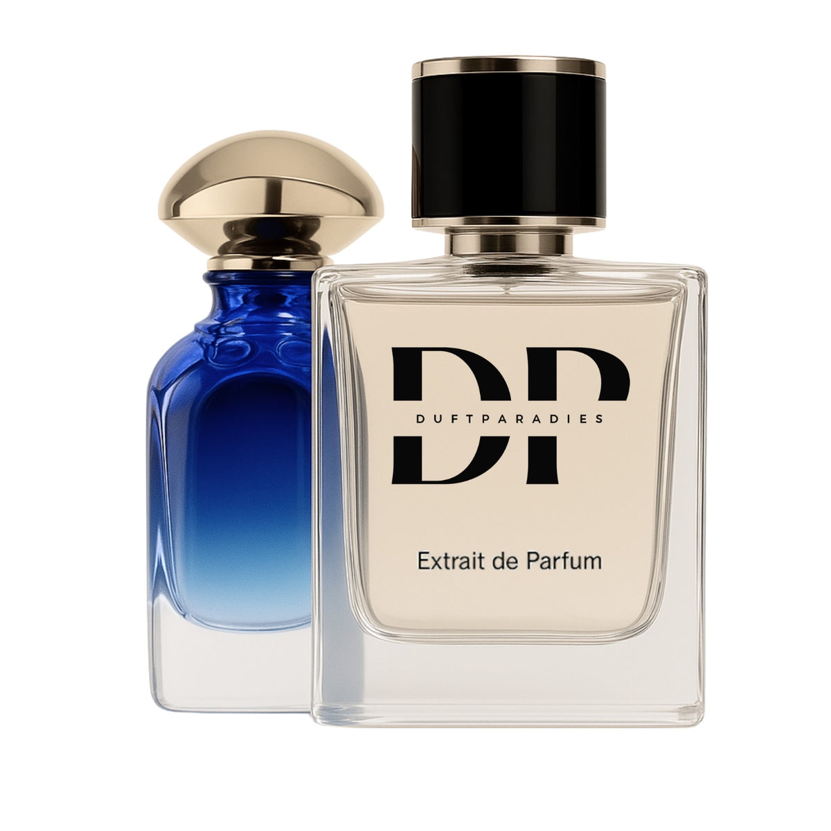 Duftparadies M318 London Parfümflasche mit elegantem Design, glänzende Glasflasche und goldene Akzente, auf weißem Hintergrund.