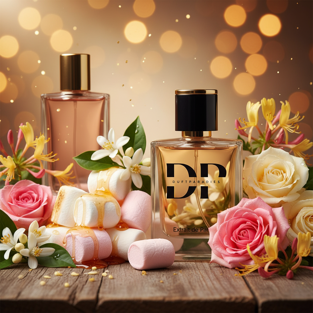 Duftparadies M188 Shy Parfümflasche mit eleganter Gestaltung, goldene Details und transparentem Glas.
