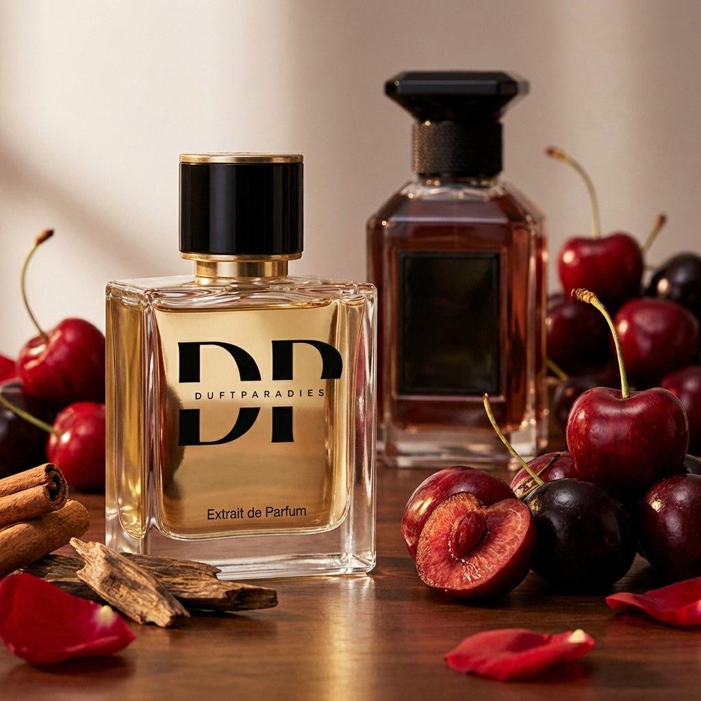 Duftparadies M333 Cherry & Oud Duftkerze mit rotem Wachs und Holz-Deckel, elegant und aromatisch.