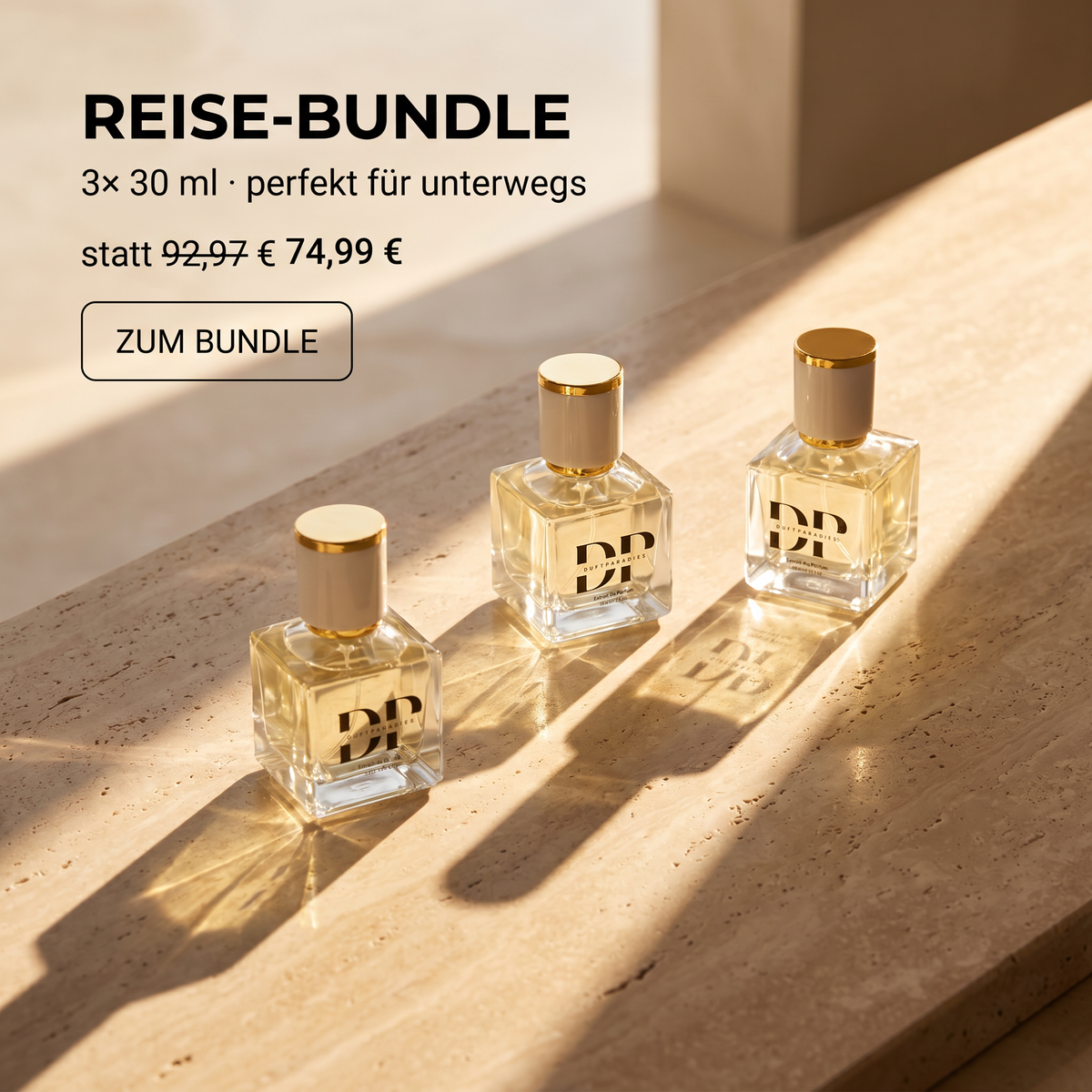 Handtaschen- und Reise-Bundle von Duftparadies mit drei 30 ml Parfümflaschen, ideal für unterwegs und Reisen.