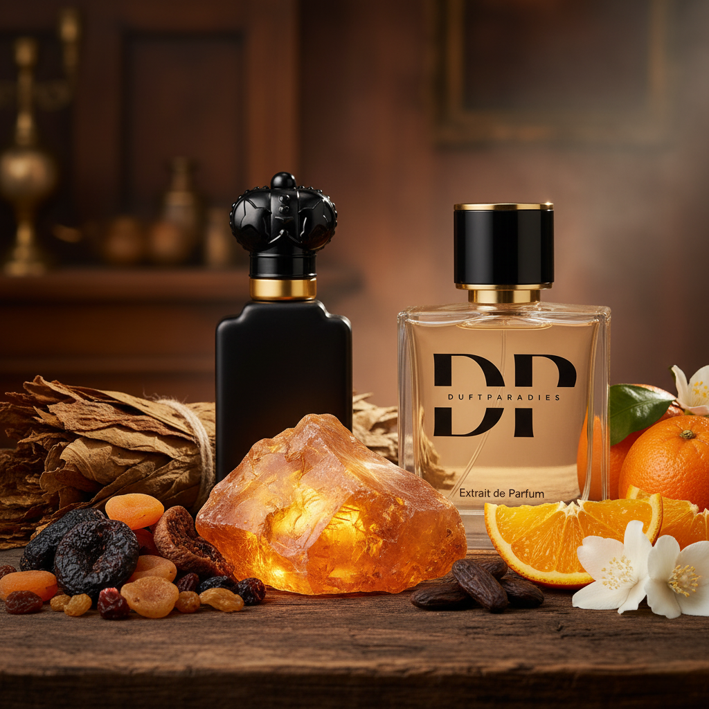 Duftparadies M321 Amber Duftkerze mit warmem Bernstein-Design, flackernde Flamme und dekorative Glasbehälter.