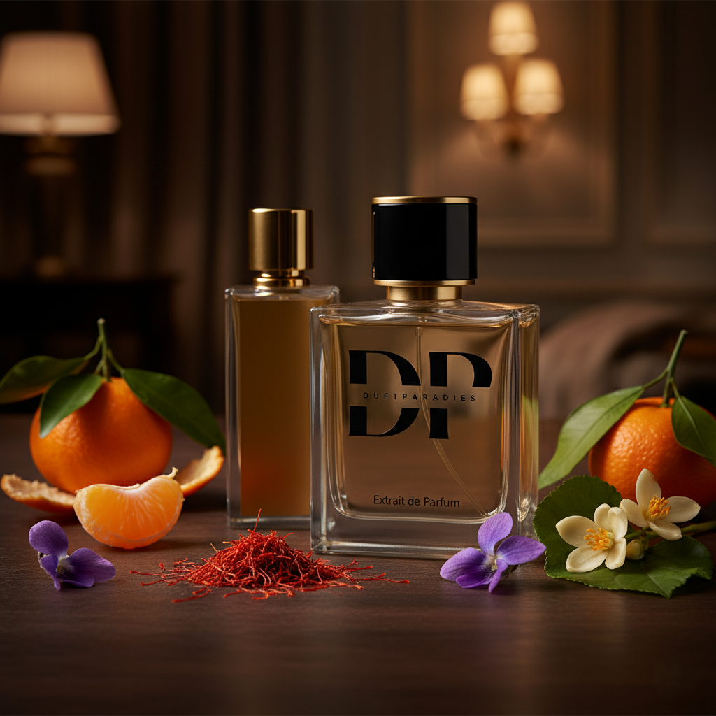 Duftparadies M320 Ganymede Parfümflasche mit elegantem Design, klarer Glasflasche und goldener Kappe auf weißem Hintergrund
