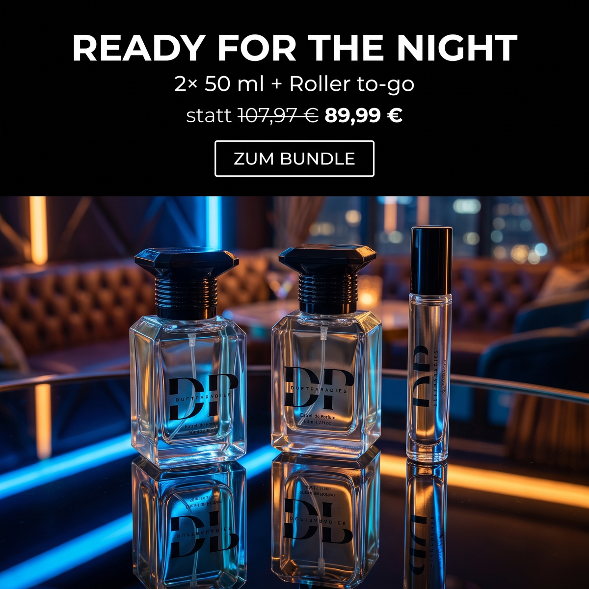 Duftparadies Ready-for-the-Night Duft-Bundle mit 2x 50ml Flaschen und Roll-On für abendliche Duftmomente.