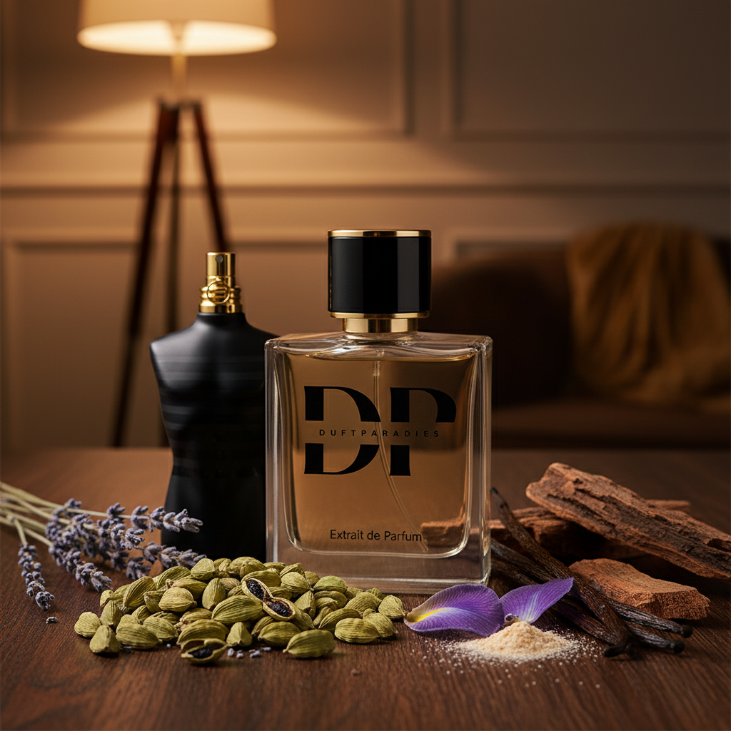Duftparadies M161 Parfümflasche mit eleganter Gestaltung und silberner Kappe, Nahaufnahme des Flaschendesigns