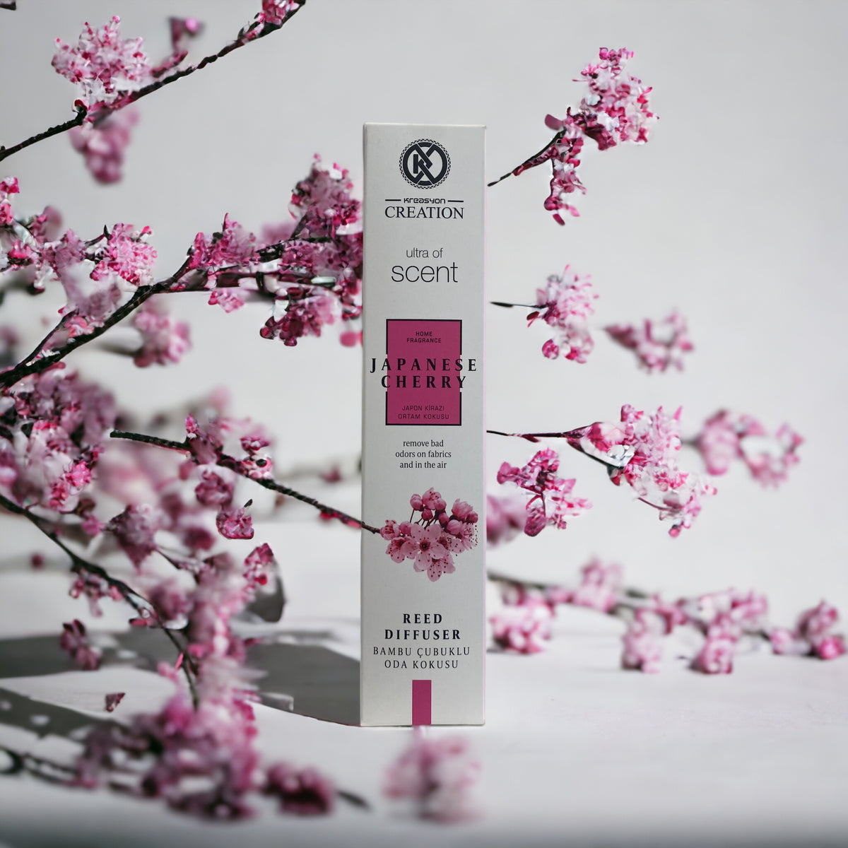 Japanische Kirschblüte Duftöl von Die besten Duftzwillinge, zeigt eine Flasche mit blumigem Duftöl in eleganter Verpackung