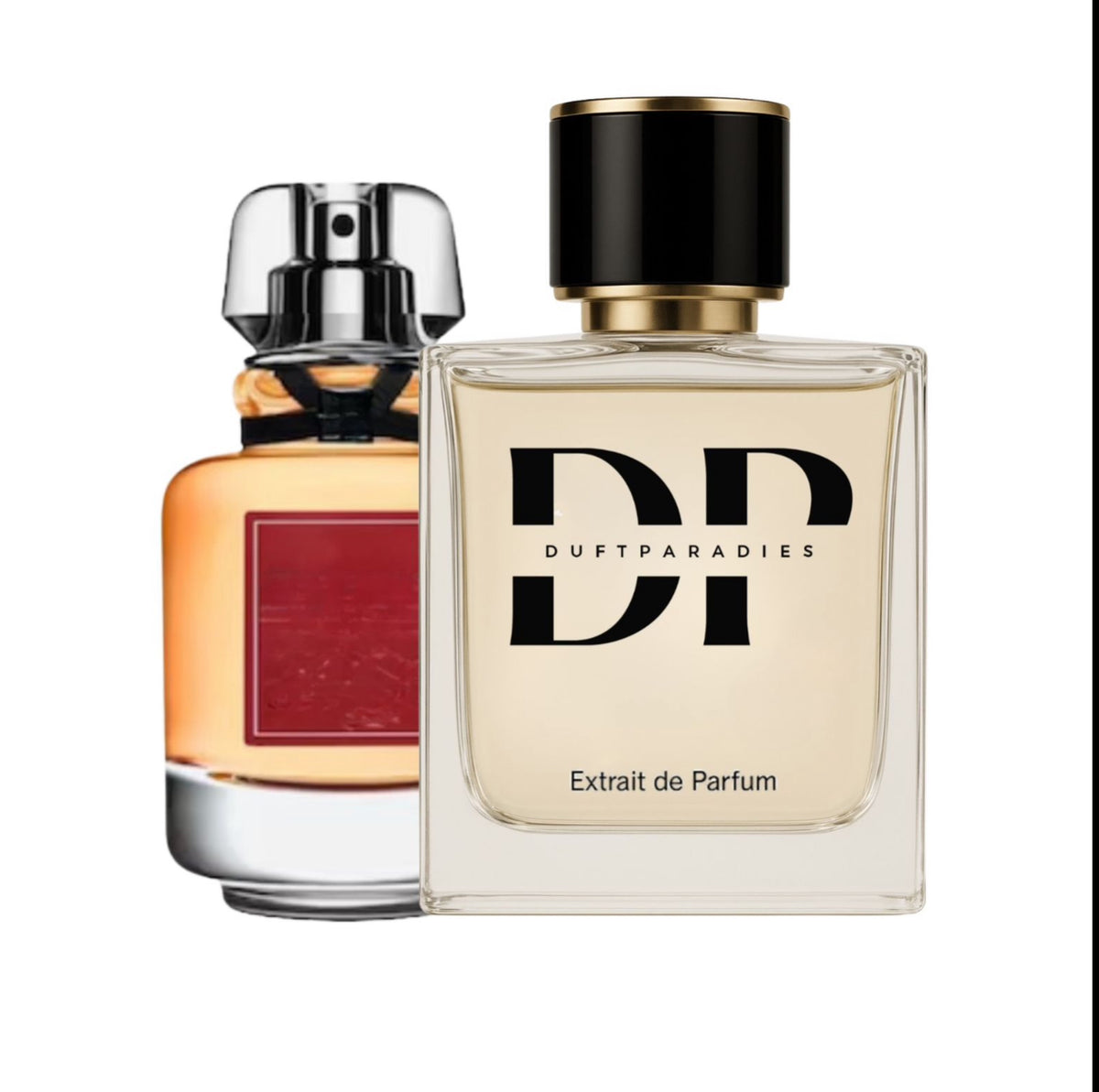 Duftparadies W197 Angel Rouge Parfümflasche mit goldener Kappe und rotem Etikett auf weißem Hintergrund