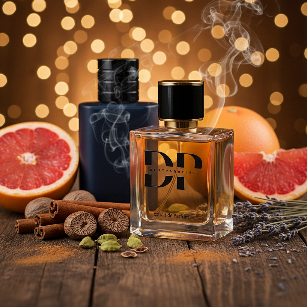 Duftparadies M187 Elixir Flasche mit Parfüm, elegantes Design und goldene Details, Nahaufnahme des Duftbehälters