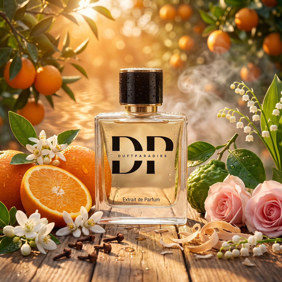 Duftparfüm M359 Orange von Duftparadies, quadratische Flasche mit schwarzem Deckel, umgeben von Orangen, Blumen und grünen Blättern.