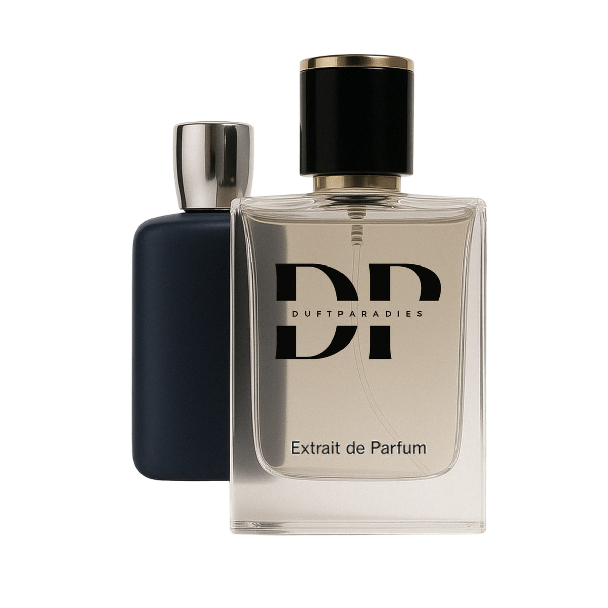 Duftparadies M153 Leyten Parfümflasche mit goldener Kappe und eleganter Verpackung, präsentierte in einem stilvollen Setting.
