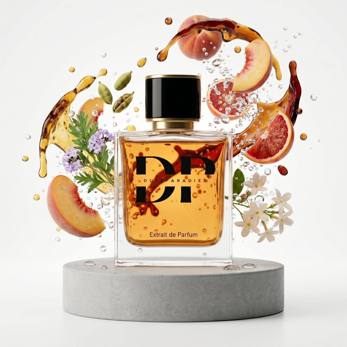 Duftparadies M1730 Peach Parfümflasche mit Pfirsich-Duft, elegantes Design, sichtbarer Flakon auf weißem Hintergrund