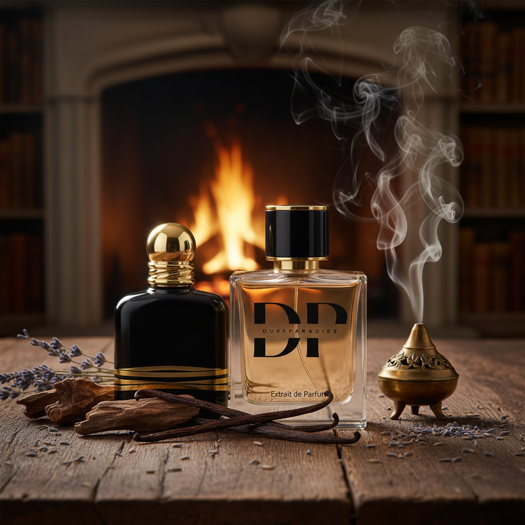 Flasche Duftparadies M240 Smoky Oud mit dunklem, rauchigem Oud-Parfüm, elegant gestaltet, auf weißem Hintergrund.