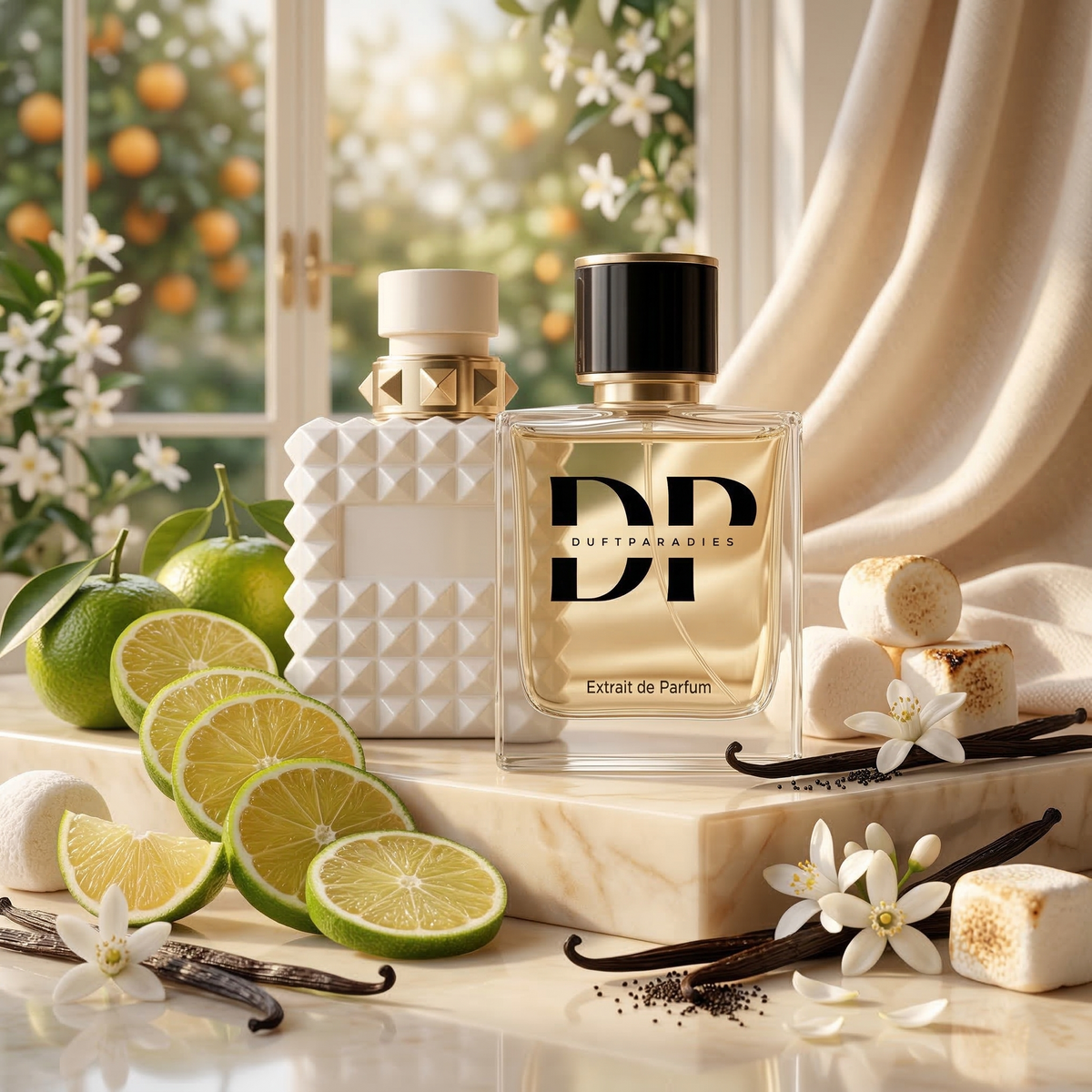 Duftparadies W209 Born in Ivory Parfümflasche mit eleganter, cremefarbener Verpackung und goldenen Akzenten.
