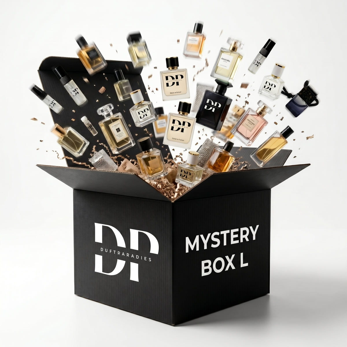 Duftparadies Mystery Box L mit verschiedenen Parfümproben in einer offenen Box, stilvoll präsentiert.