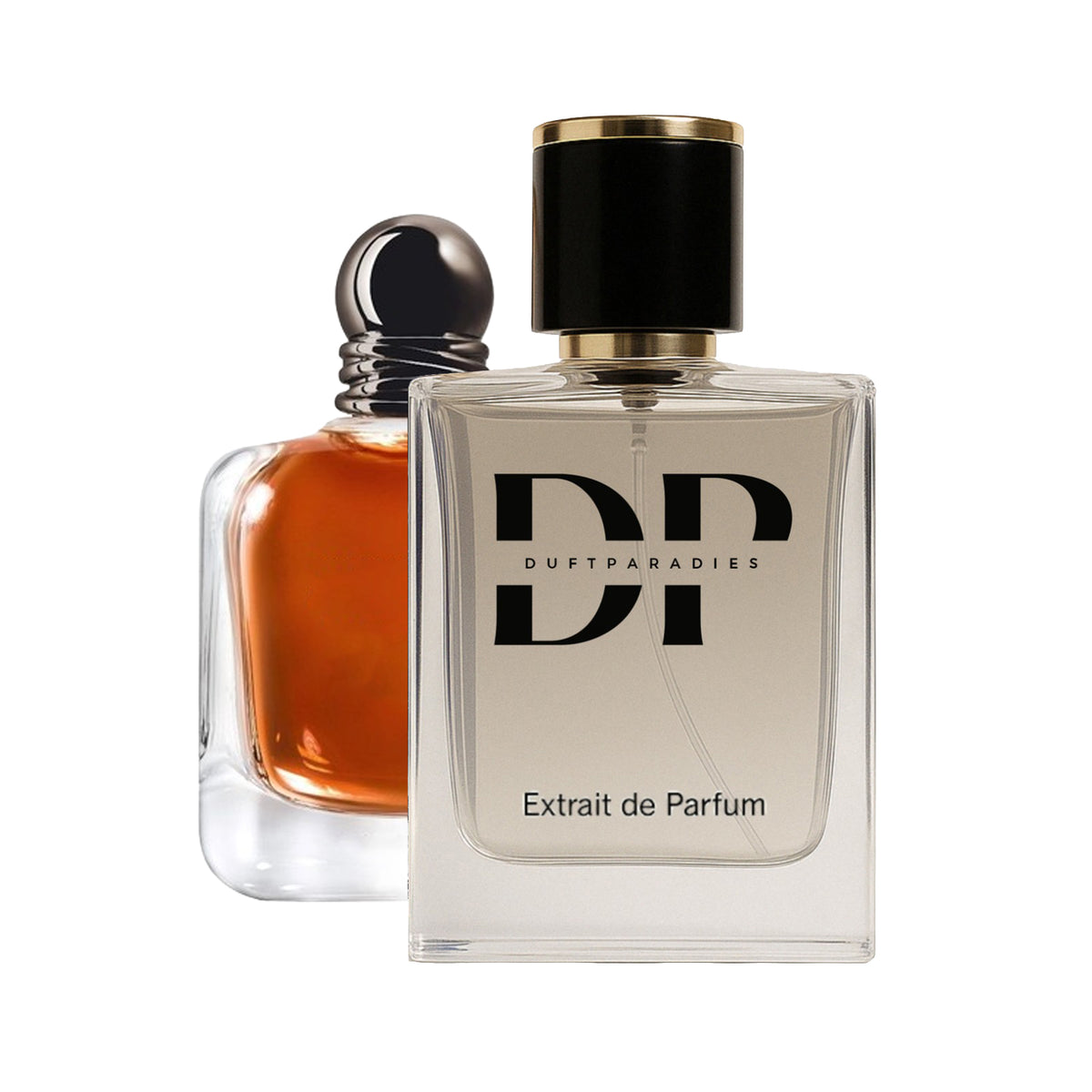 Duftparadies M121 Parfümflasche mit elegantem Design, glänzendem Glas und schwarzem Deckel, auf weißem Hintergrund.