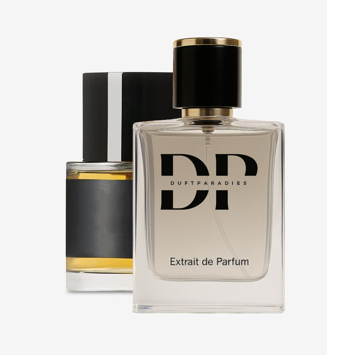 Duftparadies M205 Ravageur Parfümflasche mit goldener Verpackung und stilvollem Design, Nahaufnahme auf weißem Hintergrund
