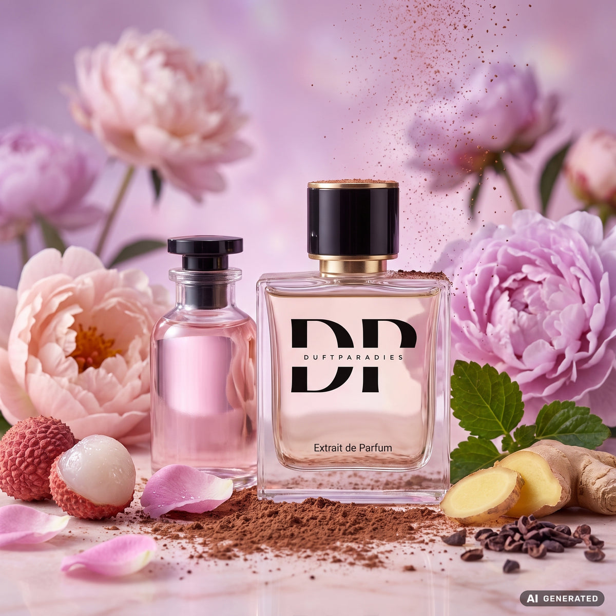 M354 Revis Duftparadies: Frischer Raumduft in Flasche mit grünen Blättern und blühenden Blumen, natürliche Dekoration.