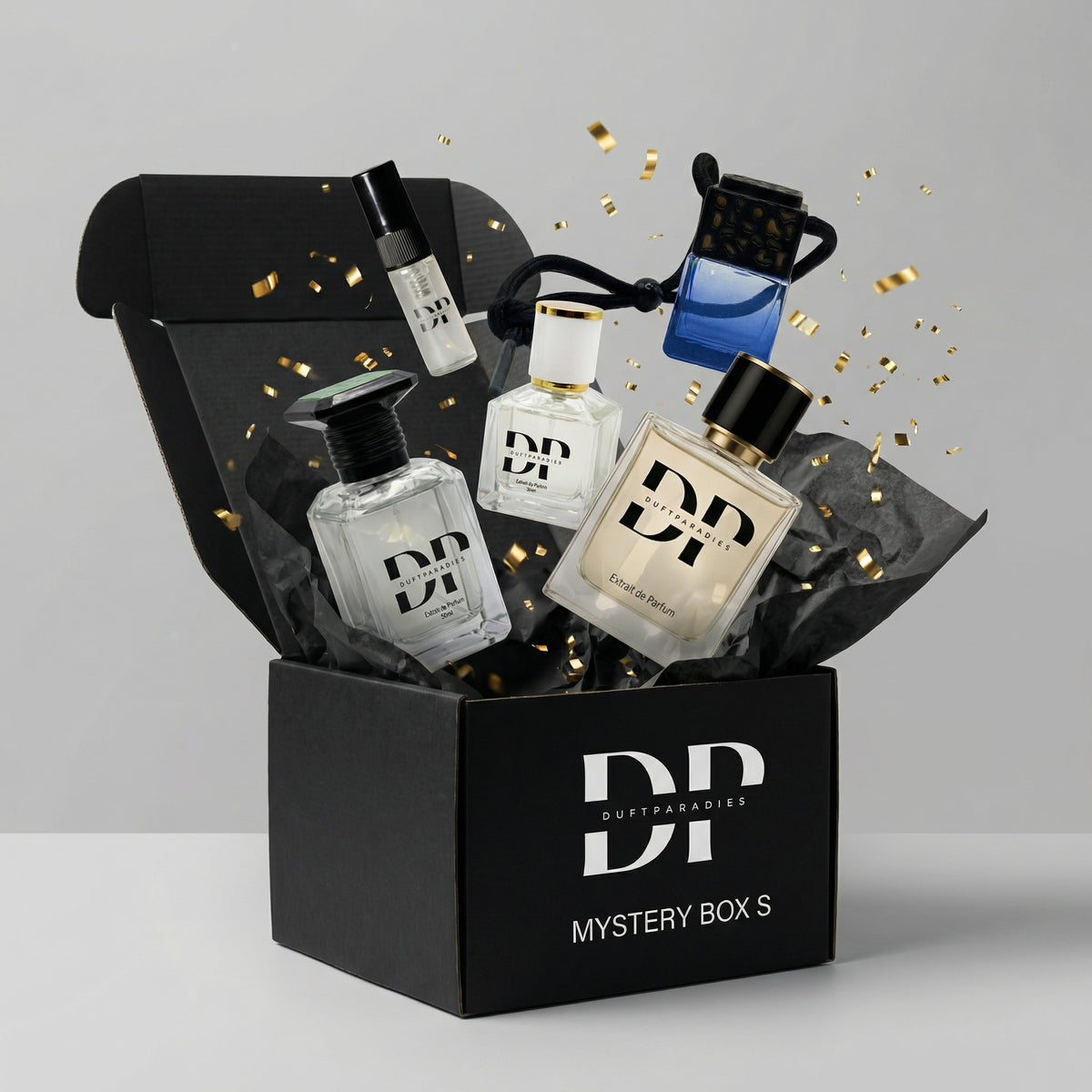 Verschiedene Duftproben aus der Duftparadies Mystery Box S, assortierte Parfüm- und Duftproben in einer bunten Verpackung