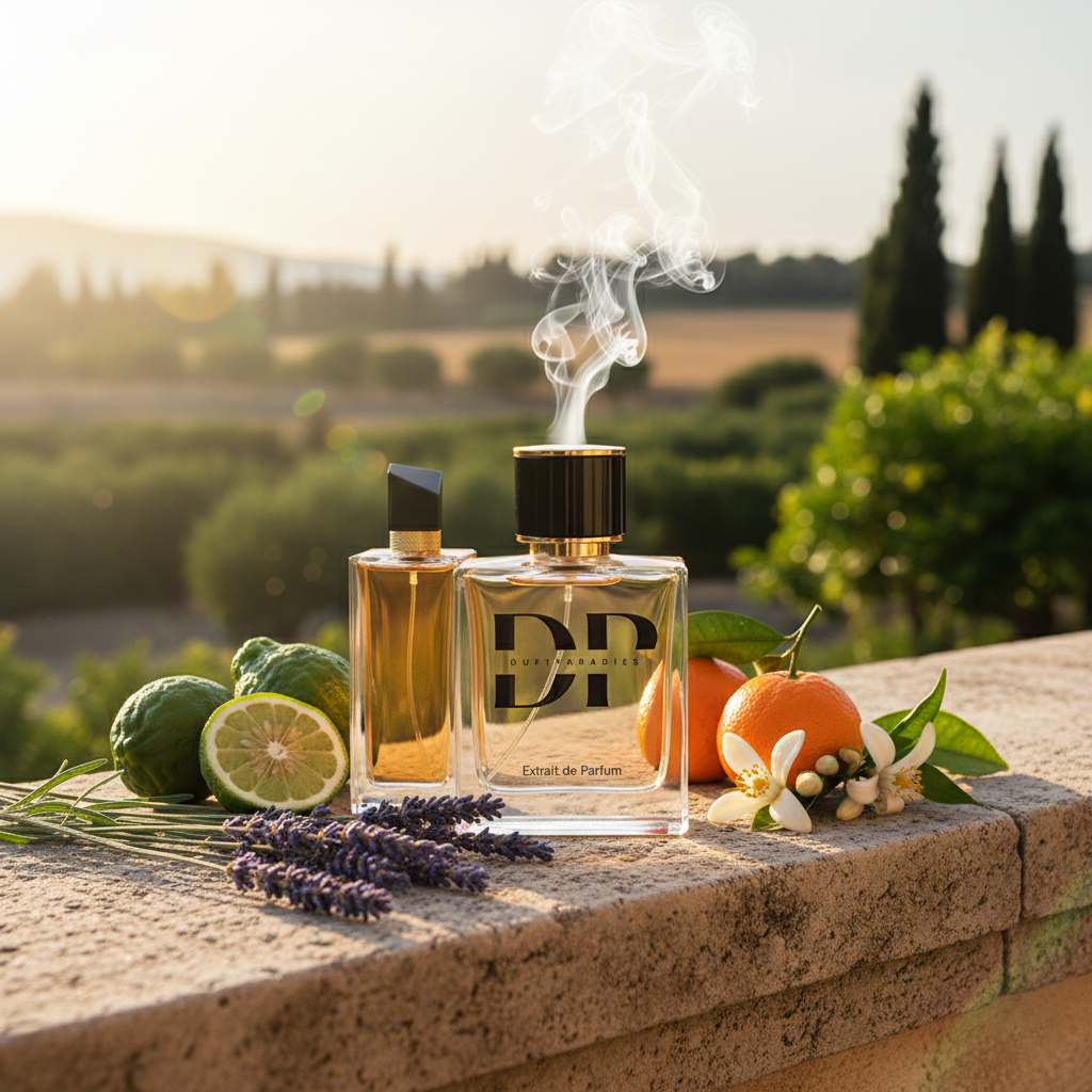 Duftparadies W120 Libre in World Intense Parfümflasche mit blauer Verpackung und eleganten Design, Duftillustration im Bild