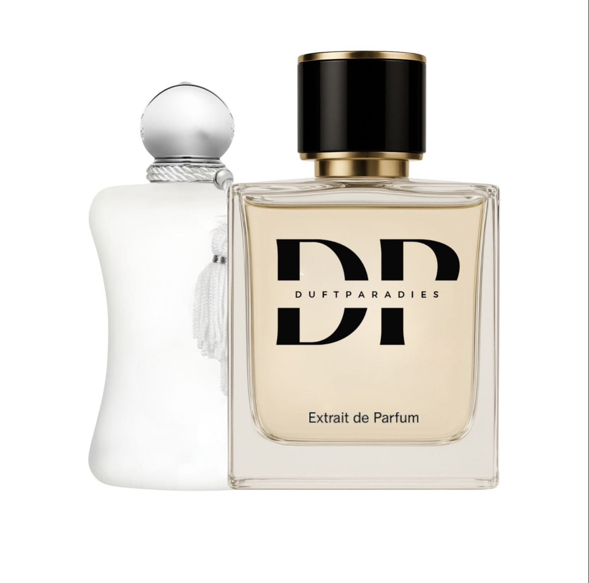 Duftparadies W196 Valaya Parfümflasche mit eleganter Gestaltung und goldfarbenem Verschluss auf weißem Hintergrund