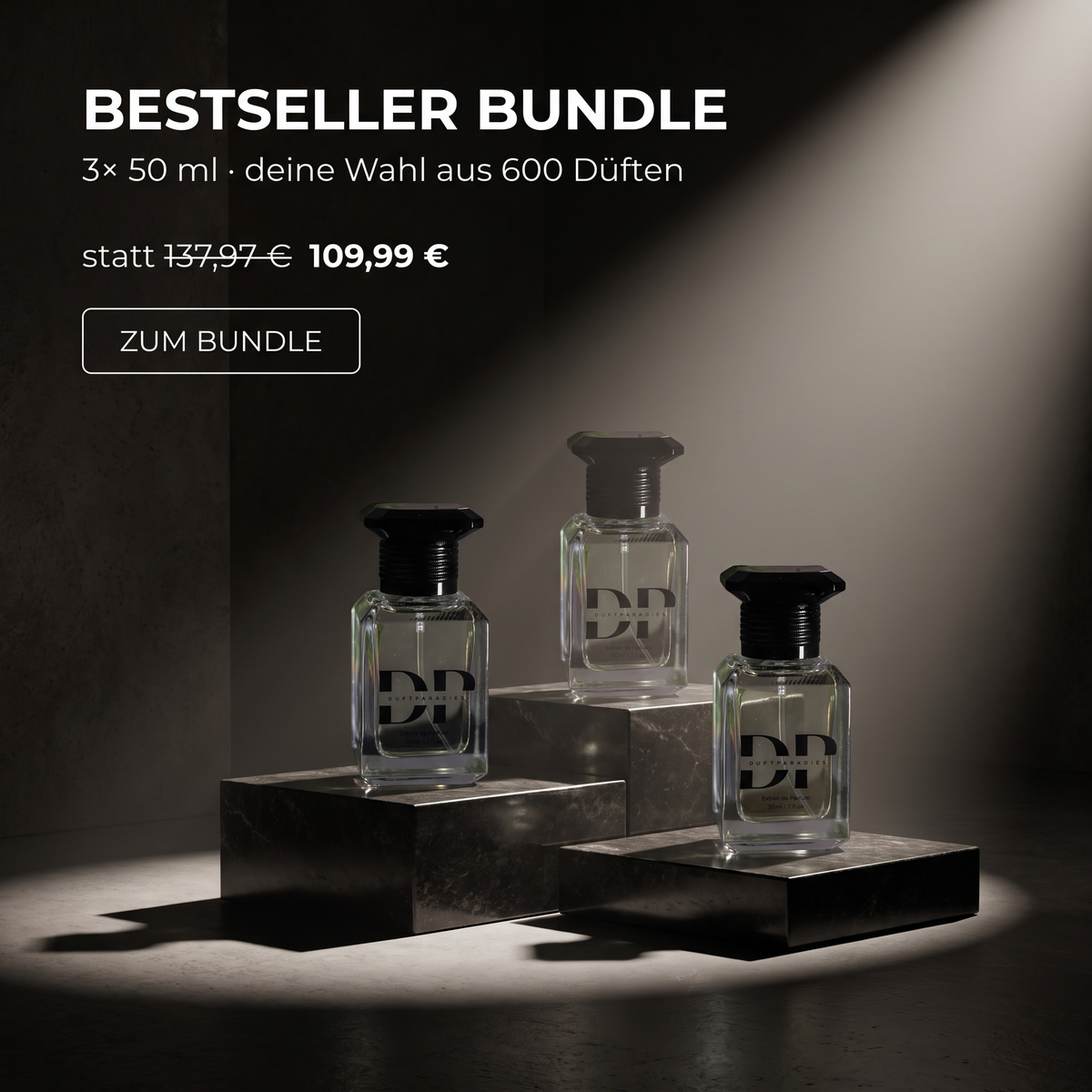Dufparadies Bestseller-Bundle mit drei 50ml Parfümflaschen, elegante Präsentation und hochwertige Duftkompositionen sichtbar