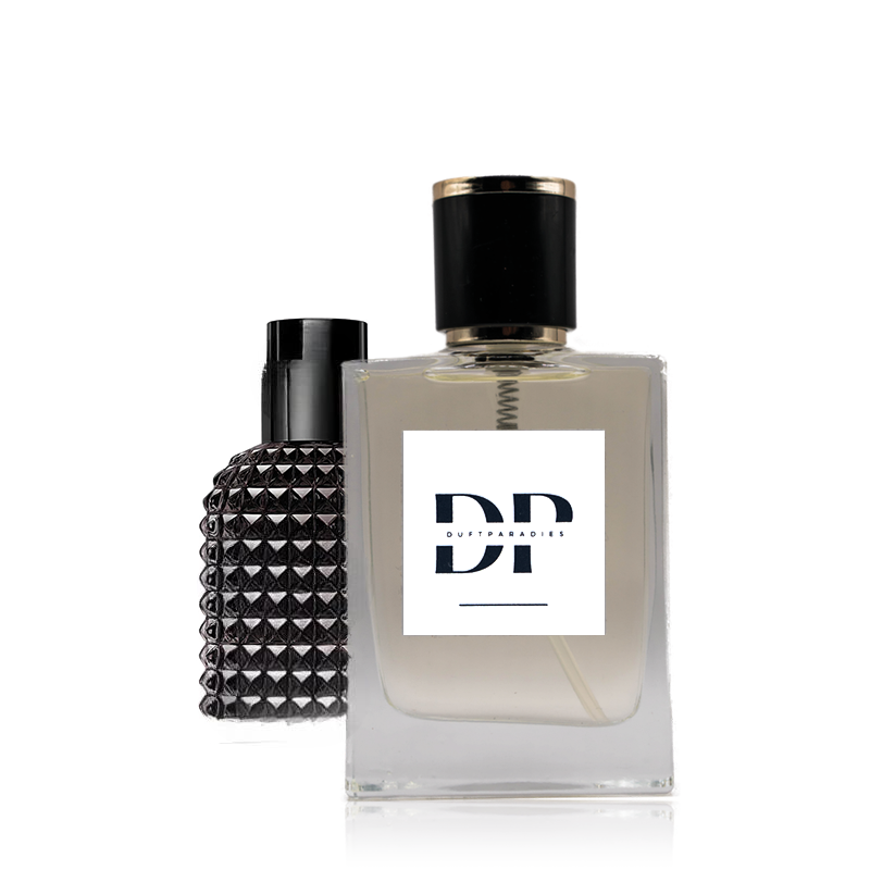 Dufparadies M89 Uomo Intense Eau de Parfum Flasche mit eleganter Gestaltung und dunklem Design, Nahaufnahme vor hellem Hintergrund