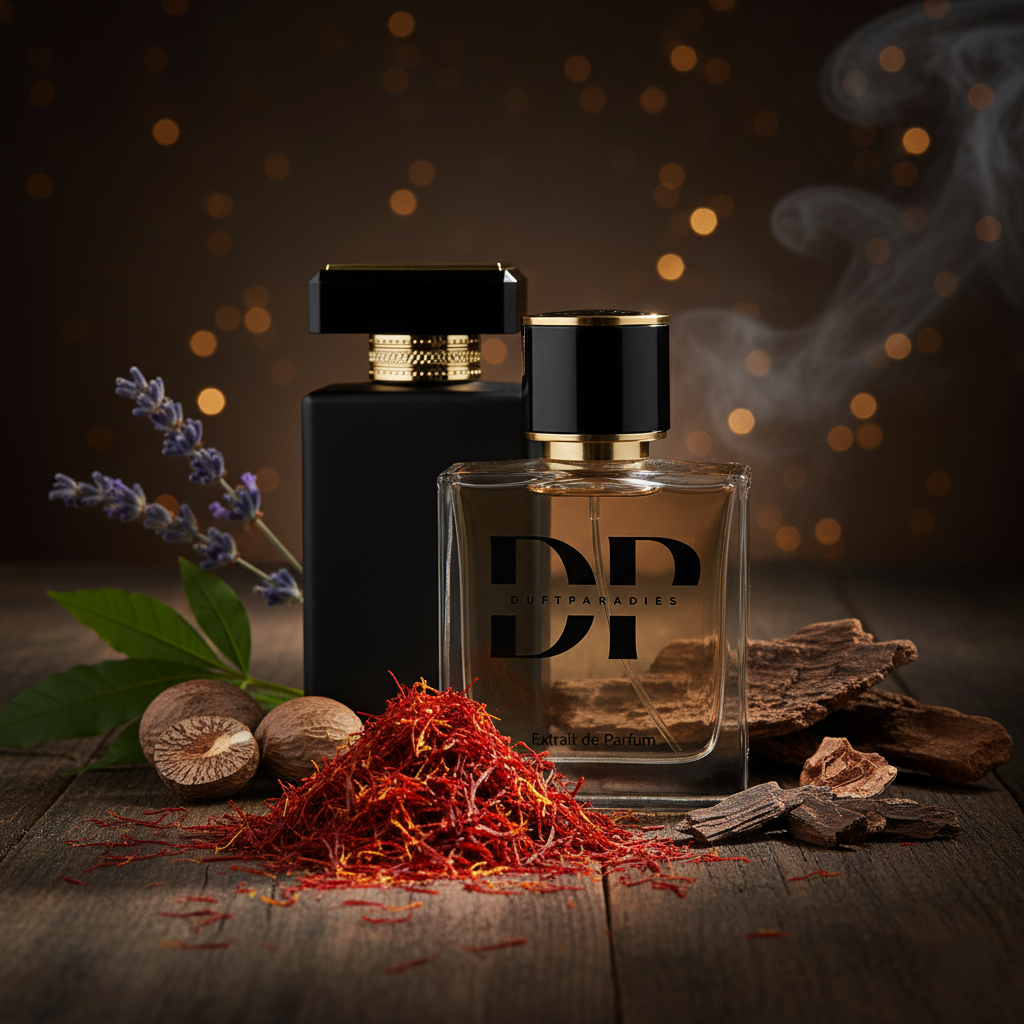 Dufthparadies M182 Oud and Great Parfümflasche mit goldener Kappe und elegantem Design, Duftbeschreibung auf der Verpackung sichtbar