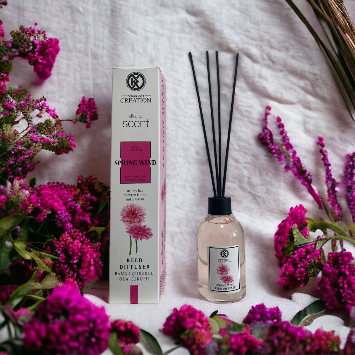 Naturaufnahme eines Flakons "Spring Wild" Duftöl von Die besten Duftzwillinge, mit blumigem Frühlingsdesign.