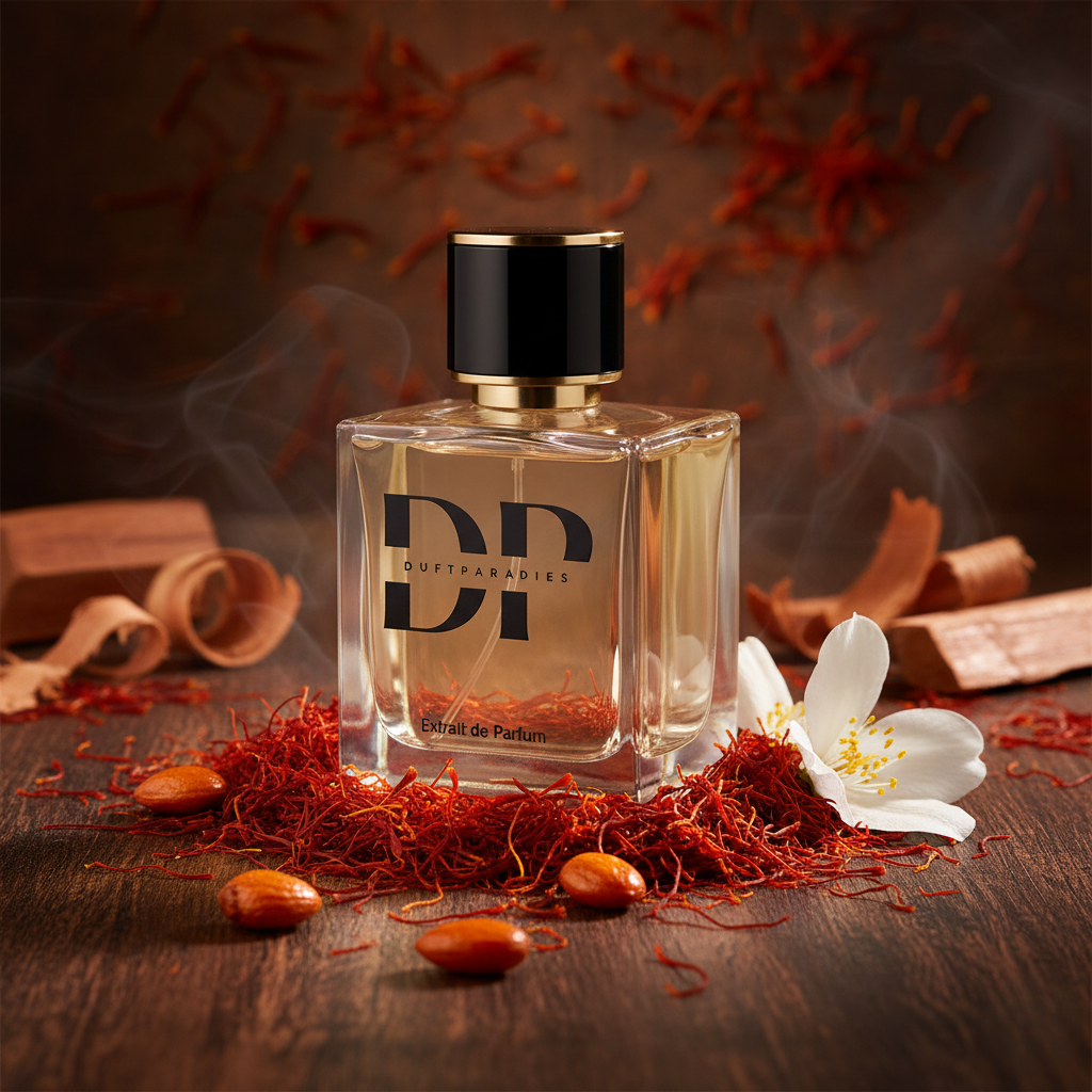 Duftparadies M9995 Batar Rude 540 Extrait Parfümflasche mit goldener Kappe und eleganter Gestaltung, Nahaufnahme