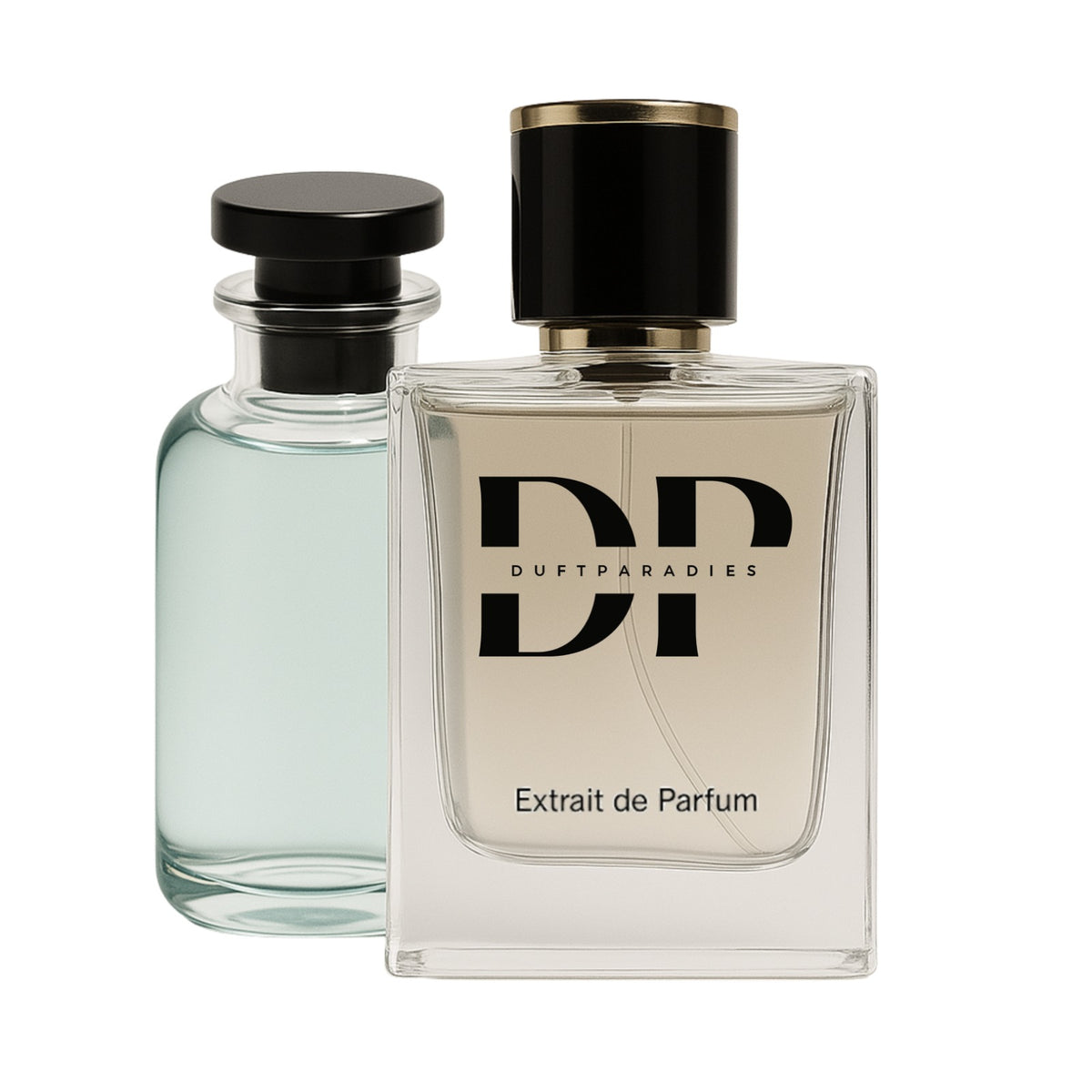 Duftparadies M242 Vetiver Terra Parfümflasche mit grünem Etikett und dunklem Deckel, stilvolle Verpackung, Nahaufnahme