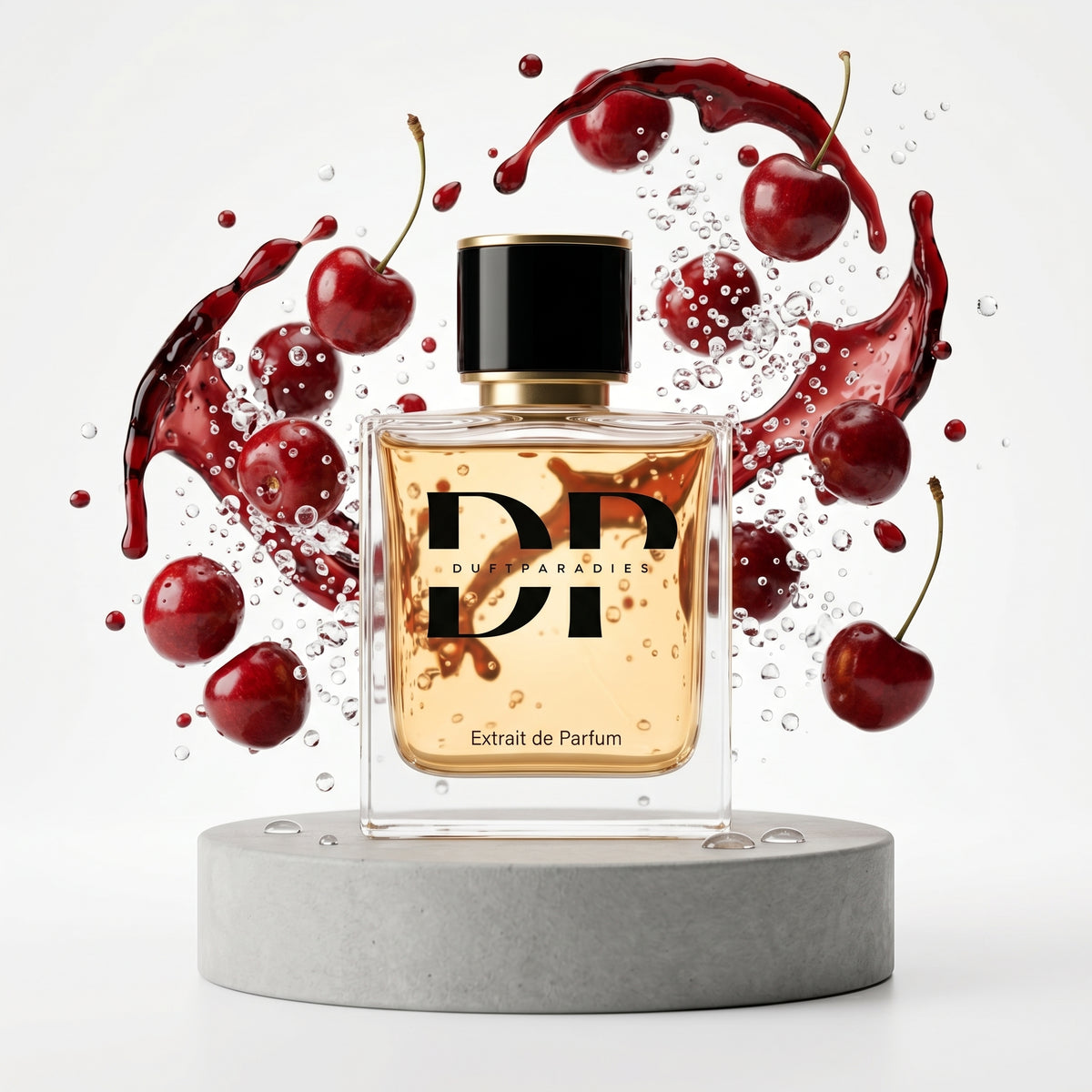 Duftkerze M1110 Cherry von Duftparadies in einer weißen Kerzenschale, mit roten Kirschen-Design, abgebildet auf einer weißen Oberfläche