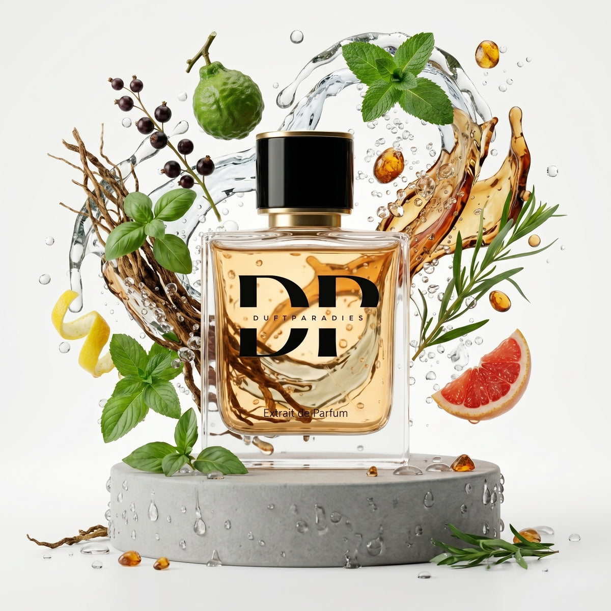 Duftparadies M1990 Mandarine Parfümflasche mit orangefarbiger Flüssigkeit und stilvollem Design.