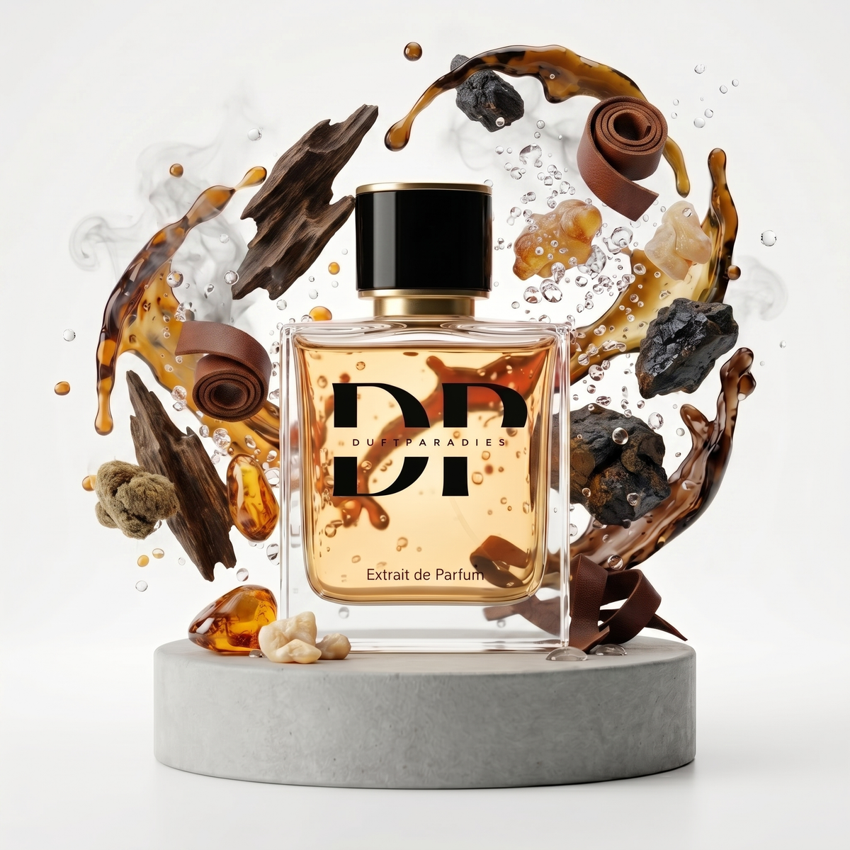 Dufparadies M225 Cuir Oud Parfümbild mit Fruchtnoten und elegantem Flakon auf weißem Hintergrund