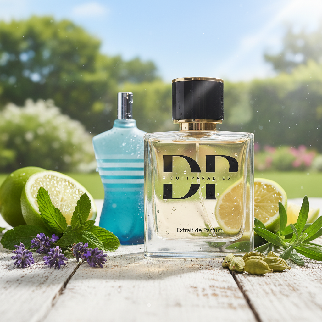 Dufparadies M32 Duftparfüm Flasche mit blauer Flüssigkeit und eleganter Verpackung, Nahaufnahme der Parfümflasche