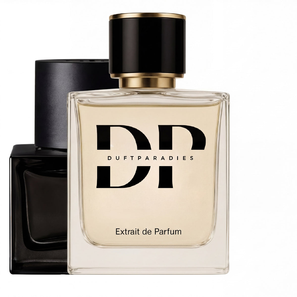 Duftparadies M339 Vanilla Parfümflasche mit goldener Kappe auf weißem Hintergrund, Vanille-Duft, elegante Verpackung