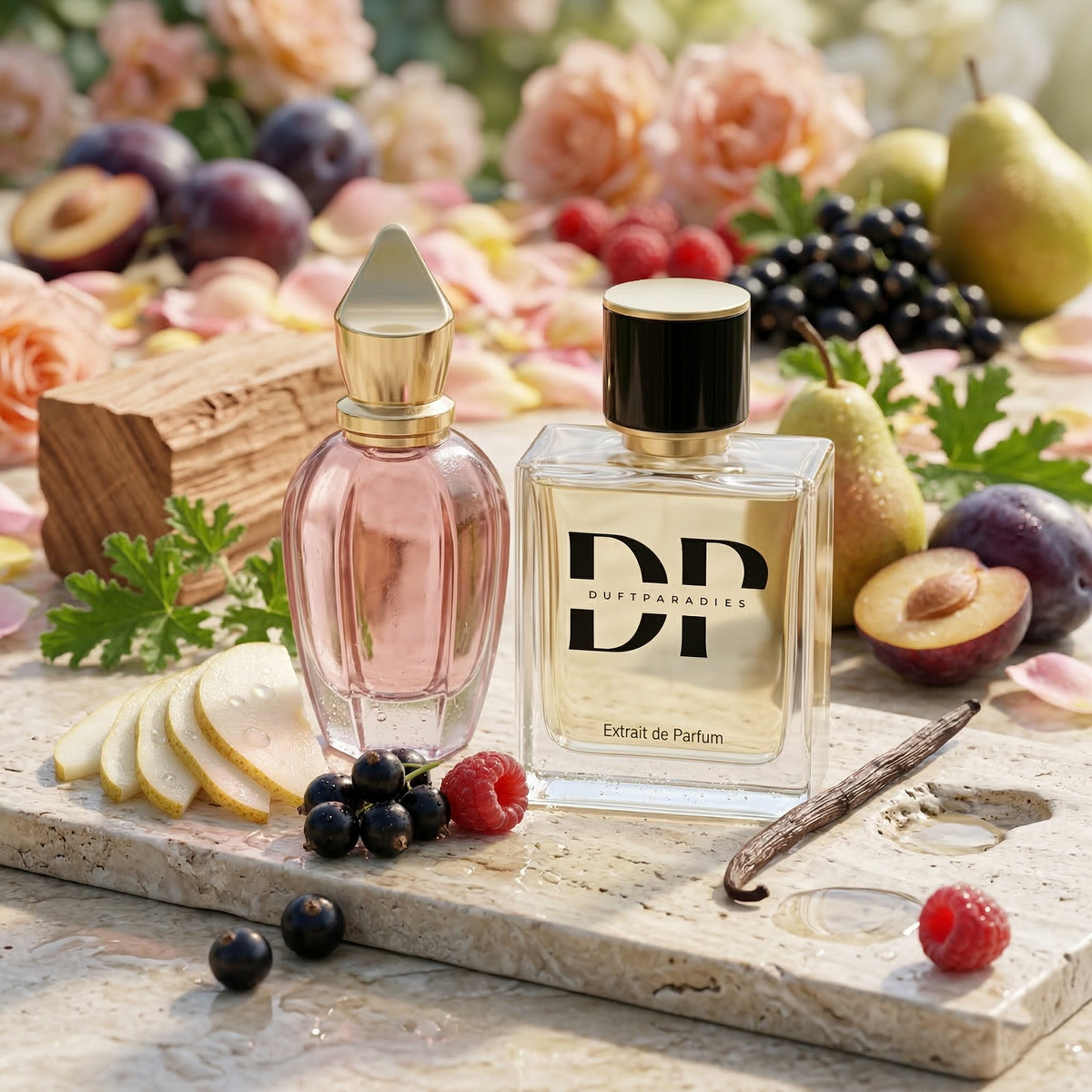 Duftparadies M348 XV Rosé Parfümflasche mit roséfarbiger Flüssigkeit und eleganter Verpackung sichtbar.
