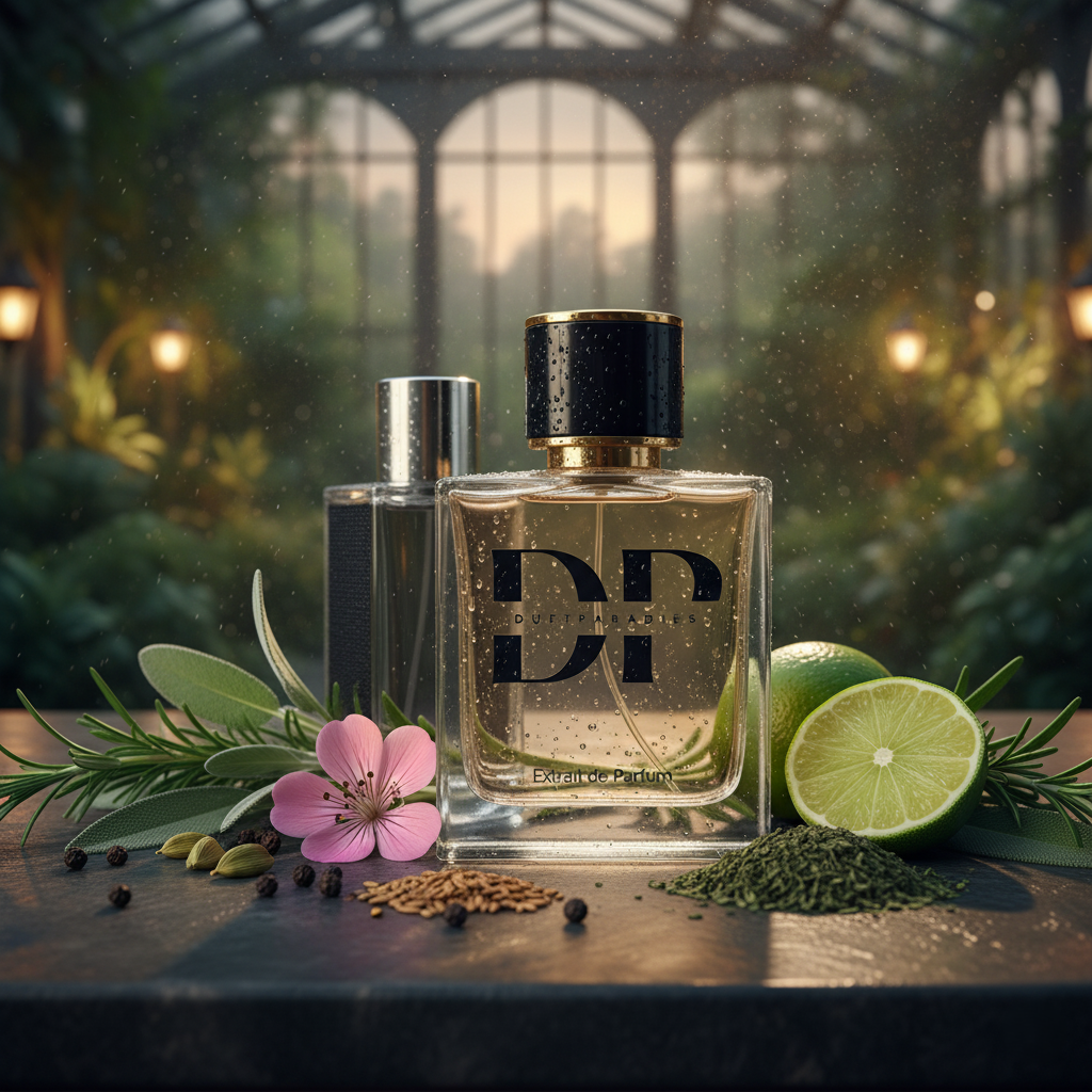 Dufparadies M92 Parfümflasche mit eleganter Gestaltung und transparentem Glas, auf weißem Hintergrund fotografiert