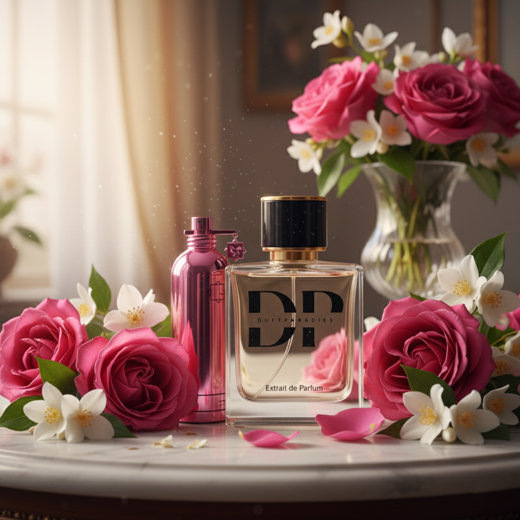 W124 Rose Musk Duftparadies: Nahaufnahme der Flasche mit rosa Rosenmusk und eleganter Verpackung, ideal für Raumduft und Atmosphäre.