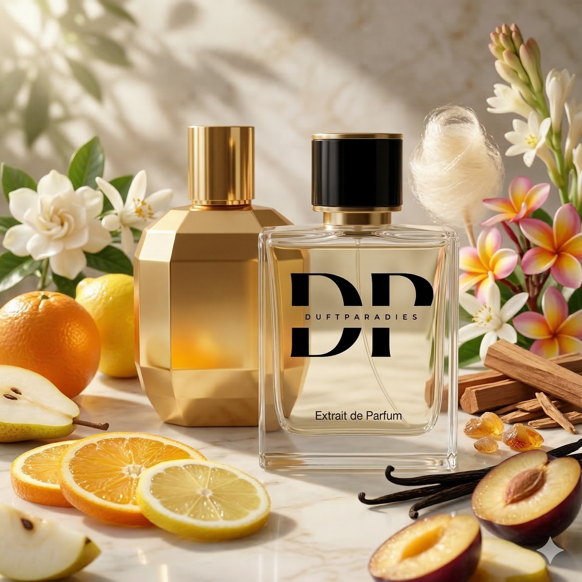 Goldene Duftkerze W210 von Duftparadies in eleganter Verpackung, mit goldfarbenem Deckel und stilvollem Design.