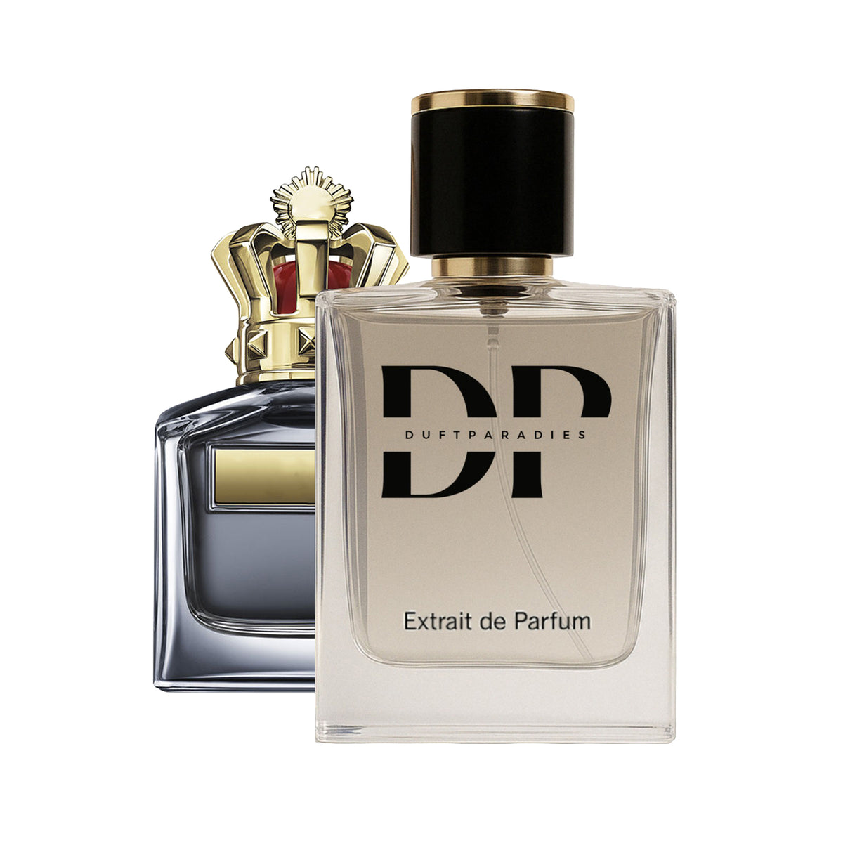 Duftparadies M172 Parfümflasche mit elegantem Design, klarer Glasbehälter und goldener Verschluss, stilvoll präsentiert.