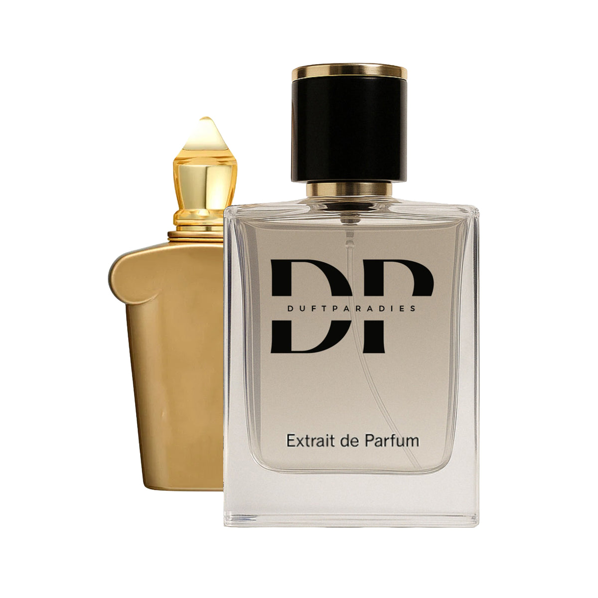 Duftparadies M193 Lira Parfümflasche mit elegantem Design, sichtbarer Flakon mit goldenen Akzenten auf weißem Hintergrund